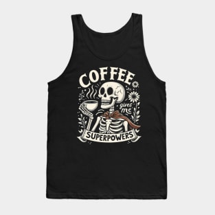 "Coffee Gives Me Superpowers" Skeleton Drinking Coffee Tank Top